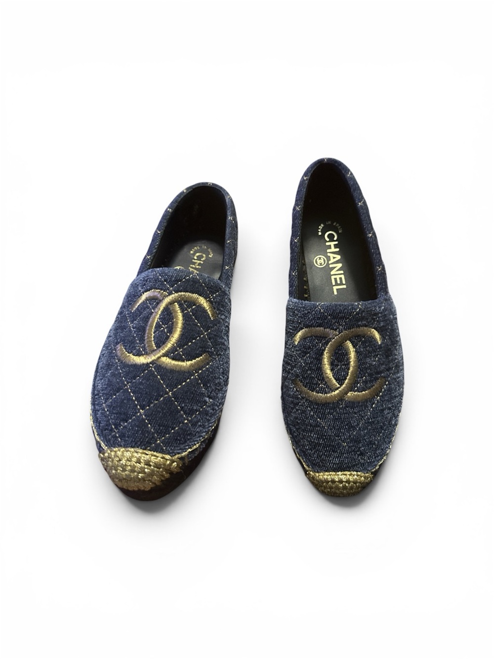 CHANEL Blue Denim Espadrilles with Gold CC Embroidery